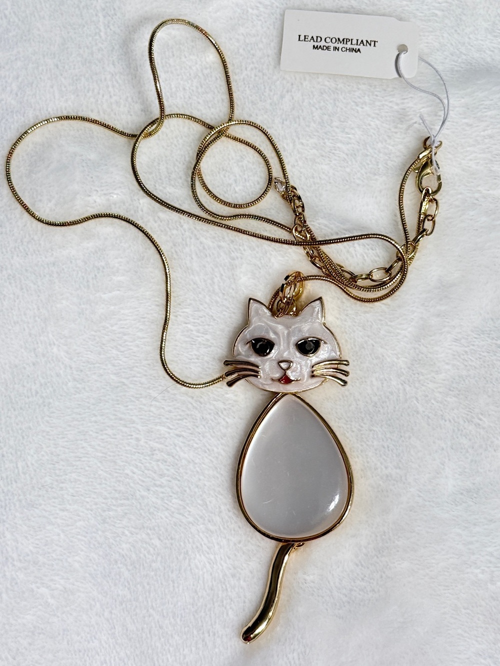 Natasha Gold Cat Pendant Necklace with White Enamel Body - Lead Compliant